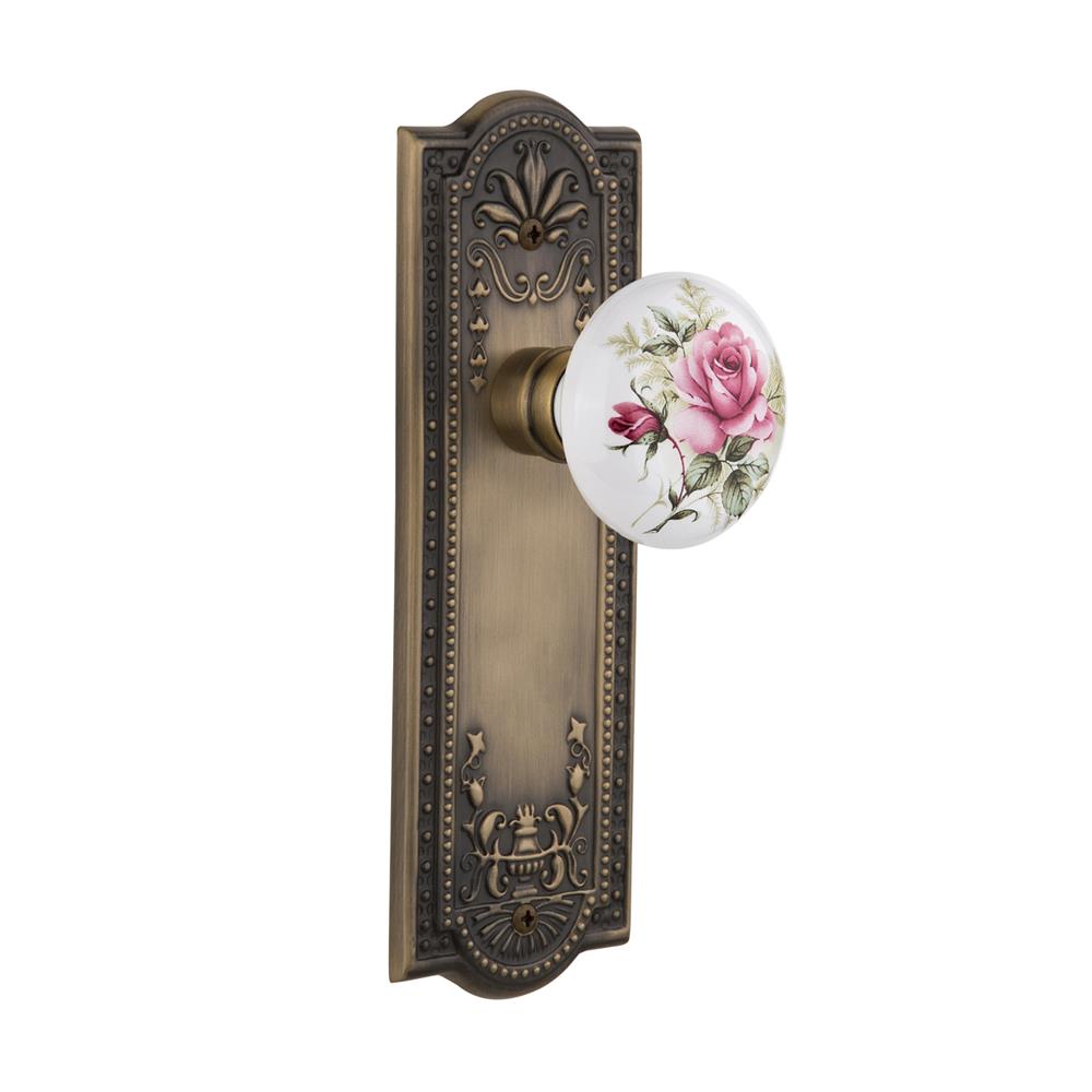 Nostalgic Warehouse MEAROS Single Dummy Meadows Plate with Rose Porcelain Knob without Keyhole in Antique Brass